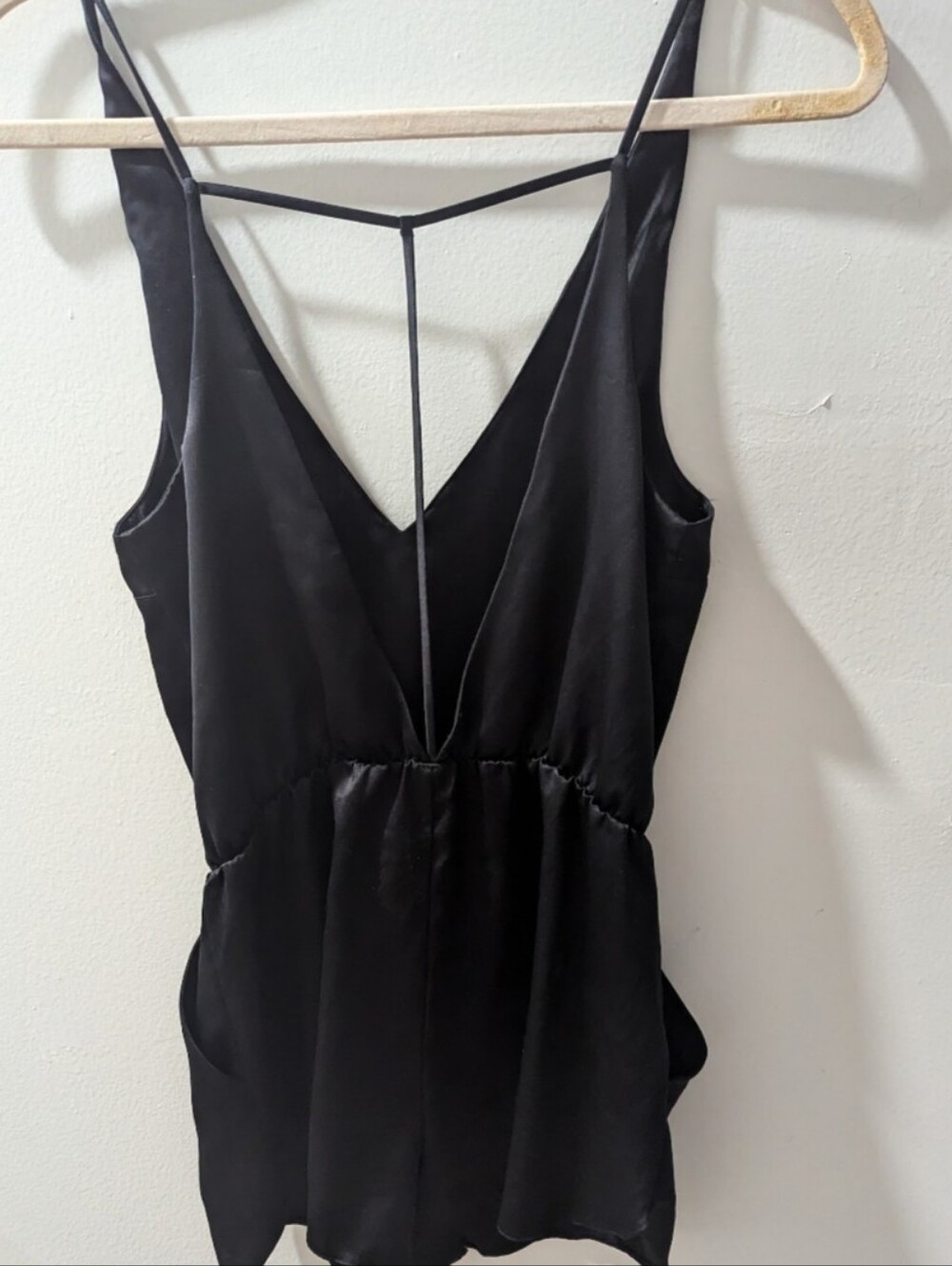 Victoria's Secret Black Satin spaghetti strap romper with pockets Like New S/M